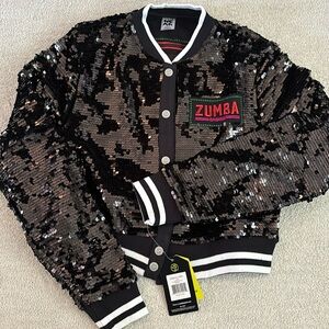 Size XS Black Sequined Cropped Zumba Bomber Jacket